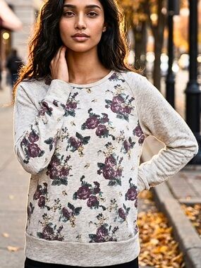 1990s VINTAGE SWEATER HOODIE Cottagecore Beige Burgundy Green Floral Front SZ M